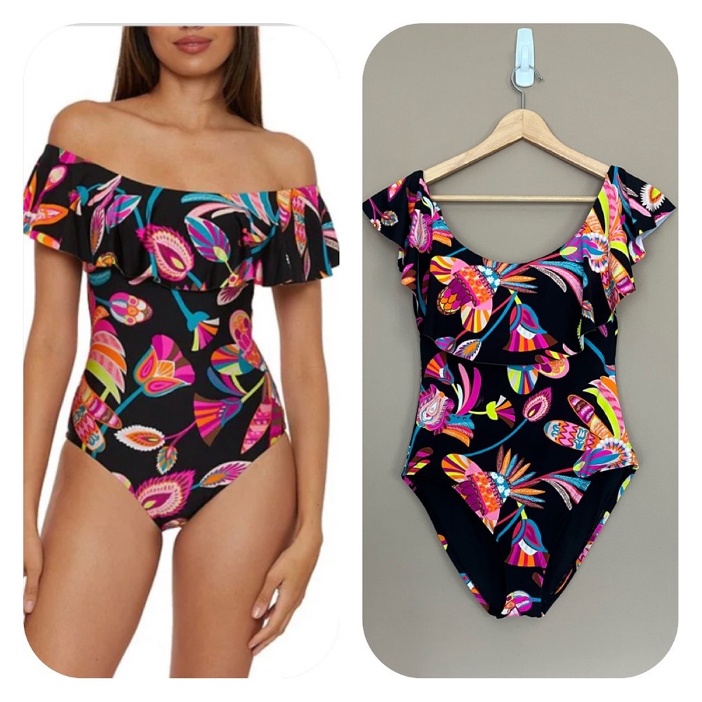 {Trina Turk} Luminary Printed Off The Shoulder Ruffle One Piece Swimsuit - NWT